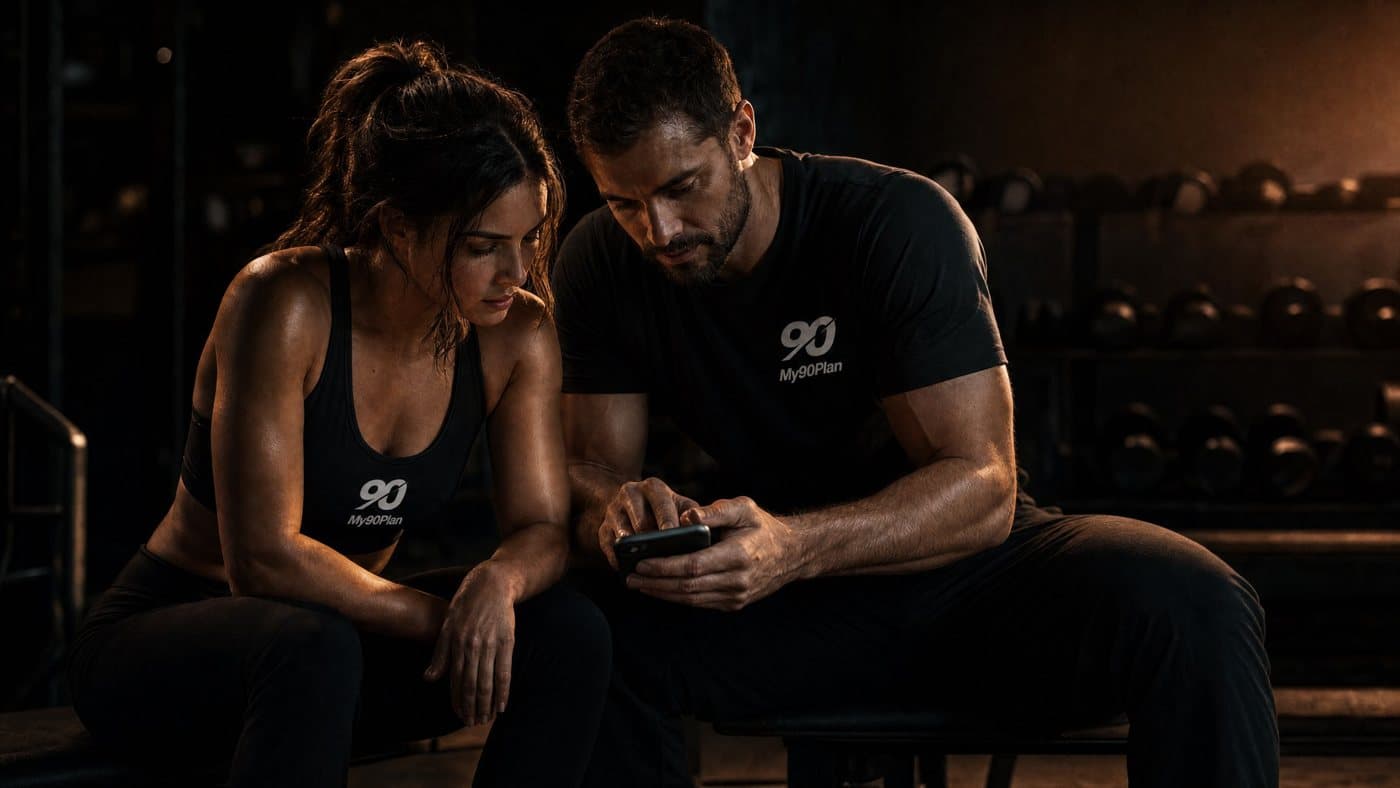 My90Plan website: a coach checking a client's plan on his phone in the gym